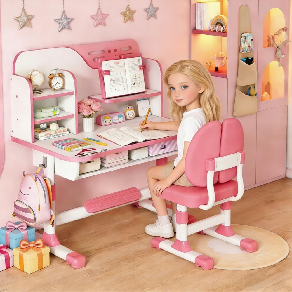Kids Desk and Chair Set,Height Adjustable School Study Study Table Chair Set with Astronaut Pattern, Ergonomic Desk Chair with Large Writing Board, Bookshelf and Drawer Pink