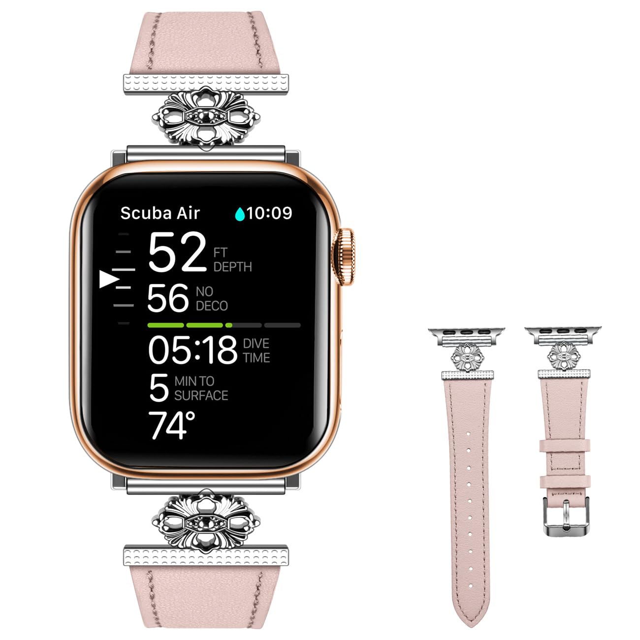 ABNUSR Silver Metal Engraved Flower Slim Leather Watch Band for Apple Watch 38mm/40mm/41mm/42mm/44mm/45mm/49mm, Four leaf Clover Watch Strap for