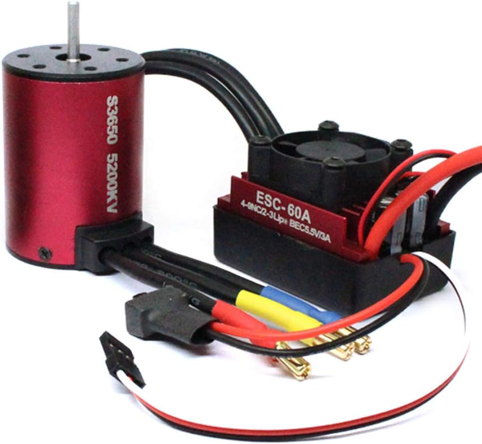HobbyFans Red 540 S 3650 5200 4300 3900 3500 3100 KV Brushless Motor Red 60A ESC for 1/10 Electric Drift RC Car 1/10 2WD 4WD On-Road RC Car (5200KV Motor + 60A ESC)