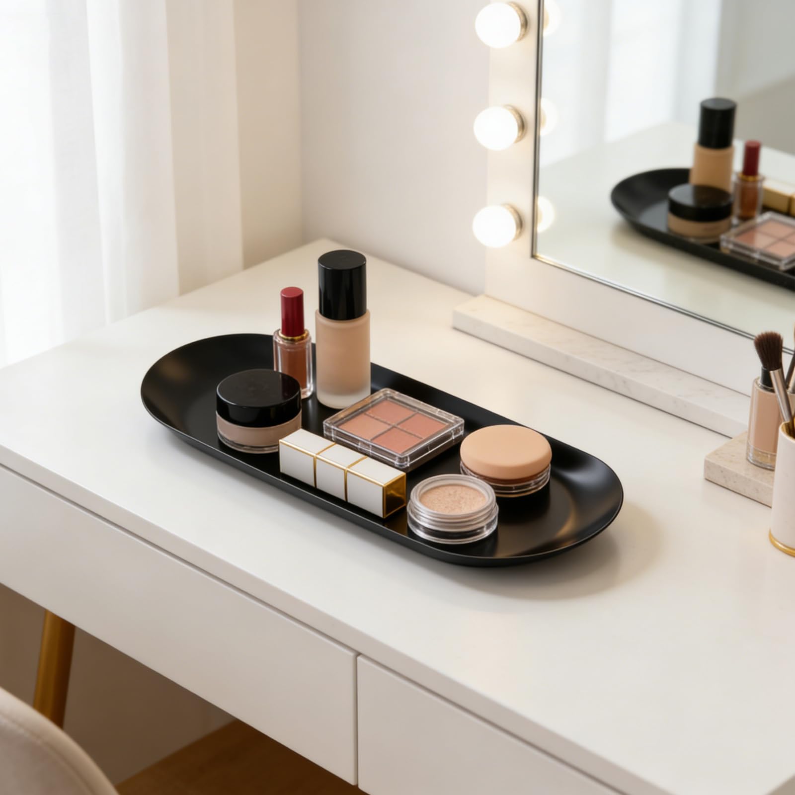 Confezione da 2 vassoi decorativi in acciaio inossidabile, vassoio ovale da 30,5 cm, per gioielli, piccoli piatti portaoggetti per cosmetici, organizer per chiavi del bagno, candele (nero)