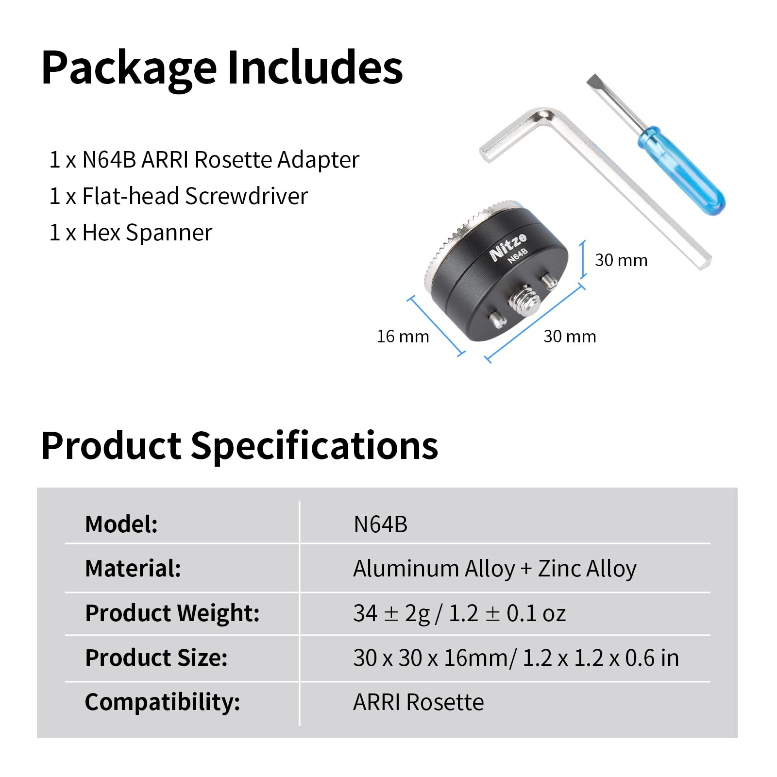 Nitze ARRI Standard Rosette Adapter, Adaptador de Roseta Hembra para ARRI con Tornillo de 1/4" y Pasadores de Fijación Desmontables, para Jaula de Cámara y Asa Lateral - N64B