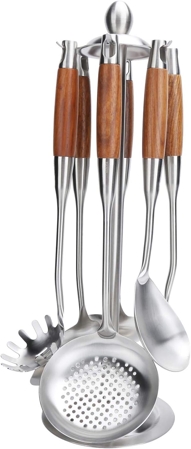 Kitchen Spatula Set 6 piece 304 Stainless Steel Wood Handles Hanging Hole Heat Cooking Utensils with Rotating Rack
