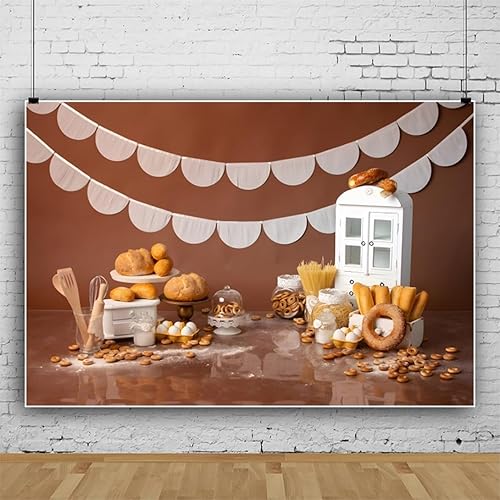 Miniatura 2 de YongFoto Fondo de mesa de panadería para hornear, 6 x 4 pies, pan, dona, galleta, gabinete blanco, fotografía, fondo para niños, niñas, pastel,
