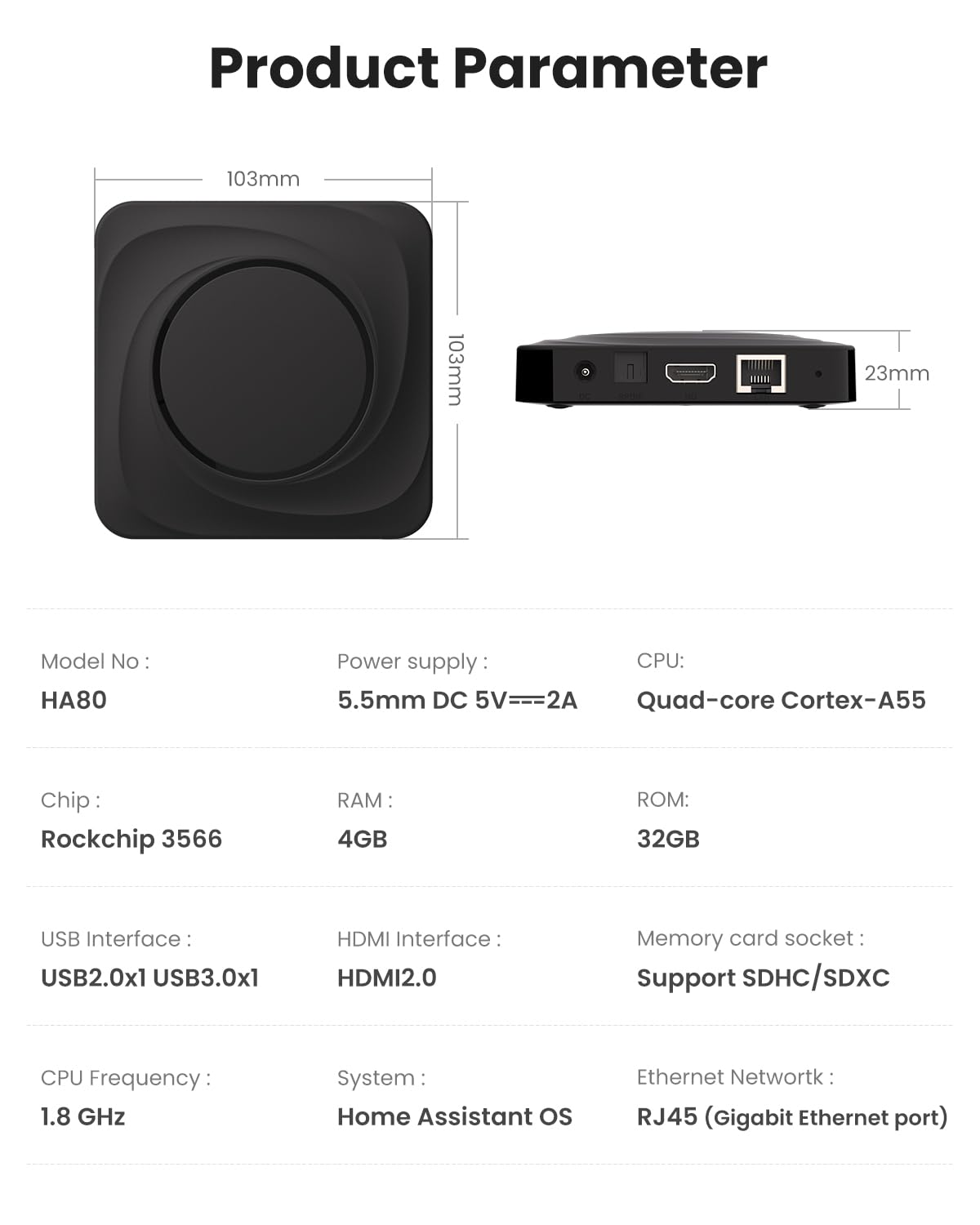 AVATTO Home Assistant Host – Quad-Core Cortex-A55-Prozessor mit 1,8 GHz Taktfrequenz, 4 GB RAM, 32 GB ROM, USB 3.0 / USB 2.0, HDMI 2.0, unterstützt Zigbee2MQTT und ZHA für Smart-Home-Systeme
