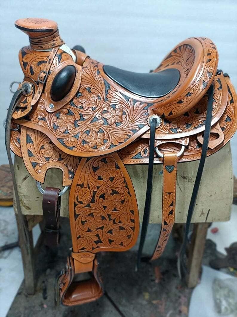 Western Horse Saddle Wade Tree A Fork Ranch Roping Work Handmade Tooled Carved Premium Leather Equestrian Trail Horse Saddle for Horse Riding Size: 10-18 inches Seat, OS240