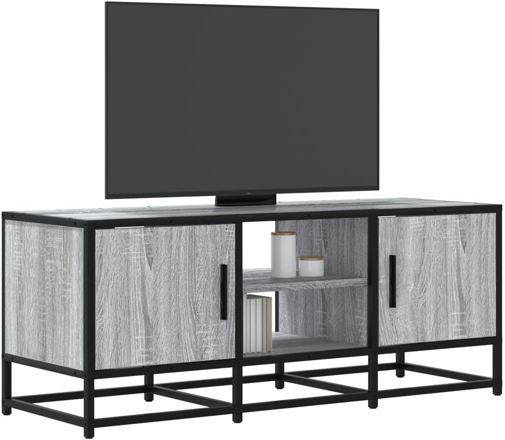 Angled view of the assembled Sonoma 848837 TV cabinet with a television placed on top.