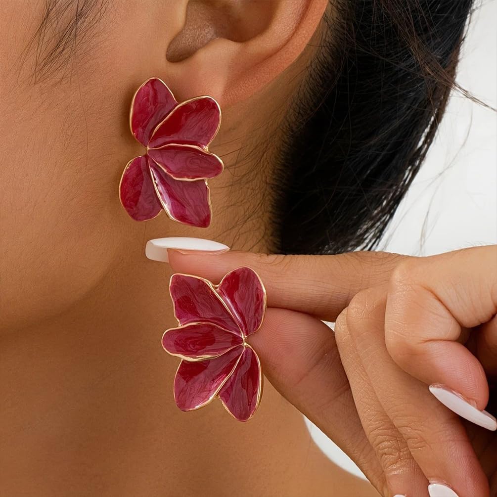 Red Irregular Flower Statement Stud Earring, Unique Green Petal Drop Oil Dangling Earrings for Women Dainty Boho Party Daily Life Floral Jewelry Gifts - Image 4