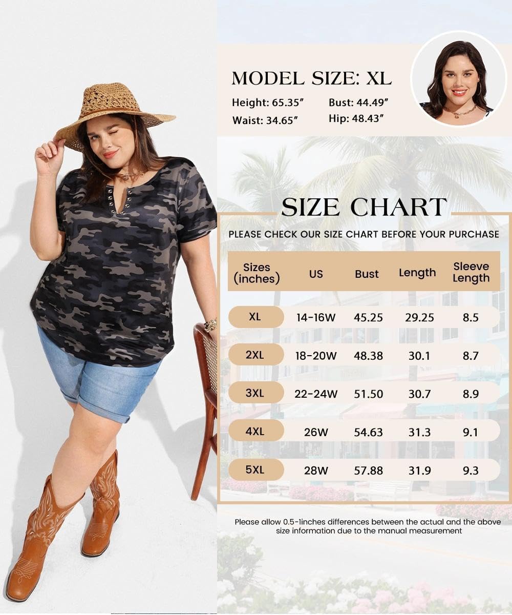 TIYOMI Plus Size T Shirt for Women Buttons Tops Short Sleeve Summer Sexy V-Neckline Shirts Solid/Tie Dye XL-5XL - Image 6