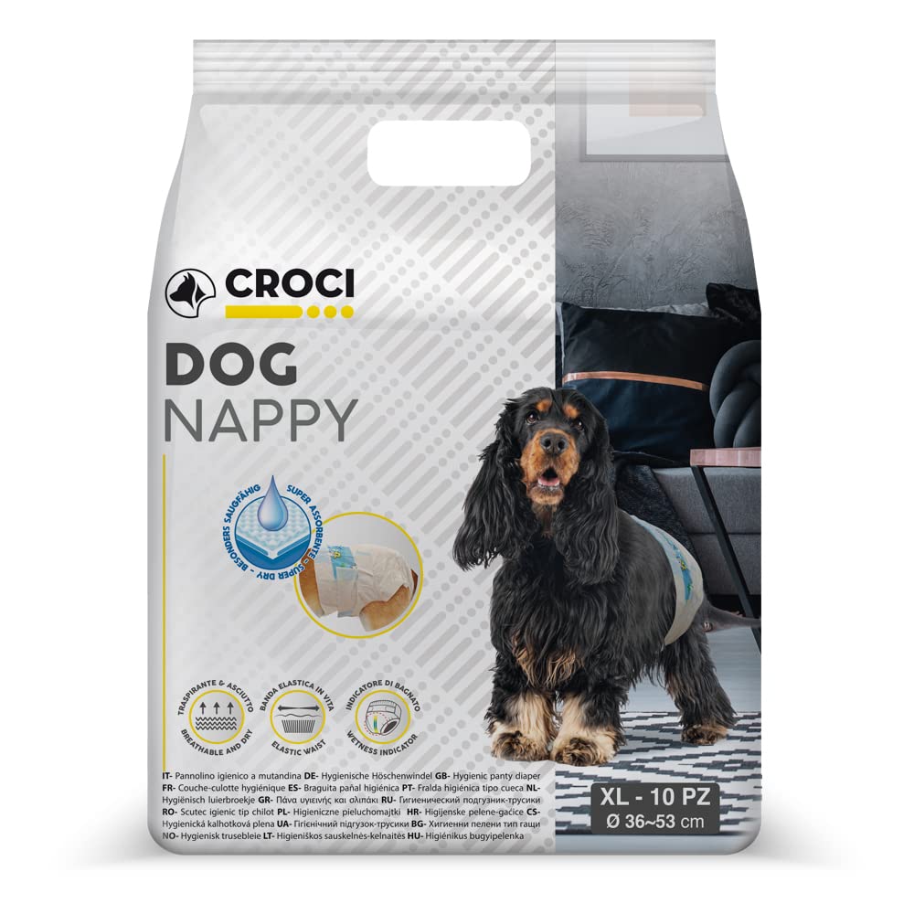 Croci Dog Nappy - Mutanda Assorbente per cani femmine, taglia XL - Ø 40-62 cm, Pannolino igienico ciclo e pipi cane, Antiodore, Usa e getta, Chiusura adesiva regolabile, 10 pz
