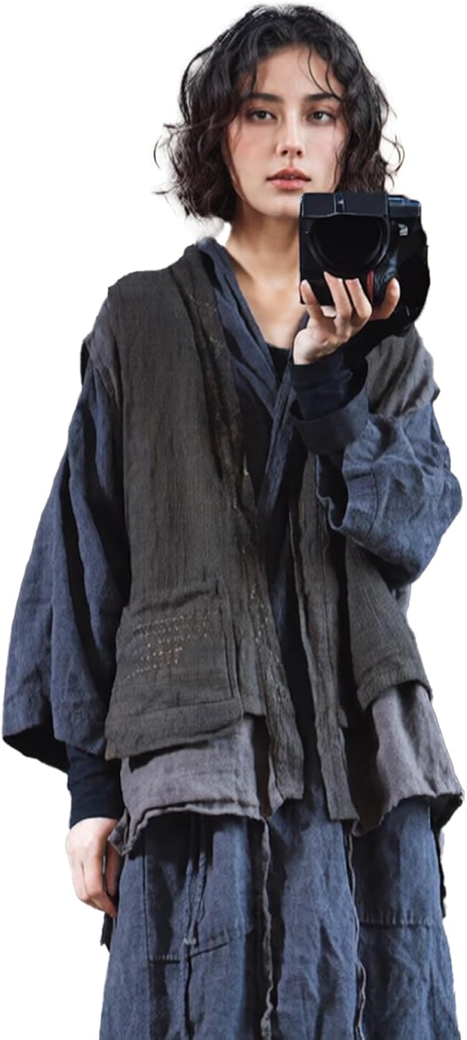 LZJN Women's Linen Double-Layer Vest Sleeveless Kimono Cardigan Open Front Vintage Street Waistcoat with Pockets