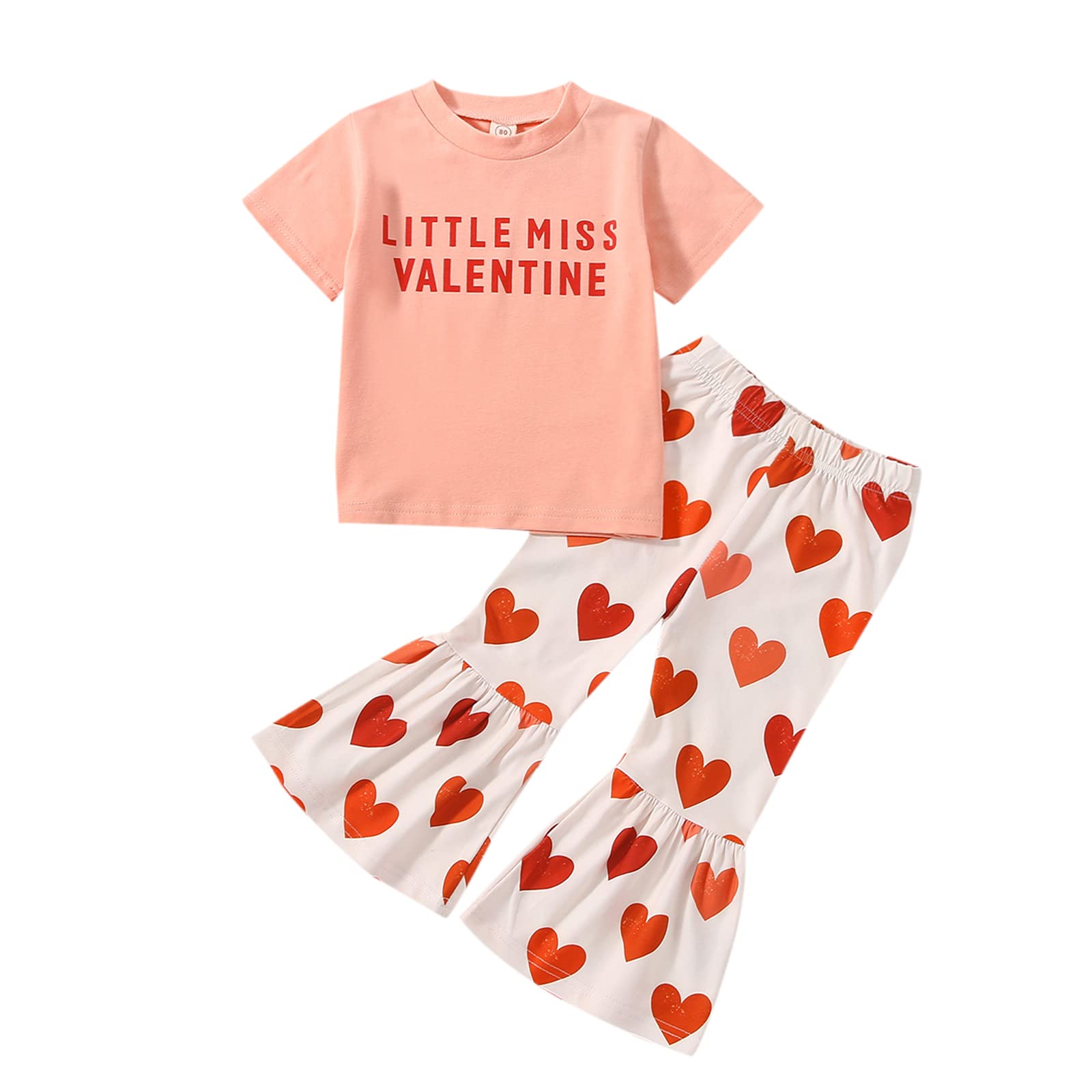 Toddler Baby Girl Outfit Valentines Day Little Miss T Shirt Top Love Heart Bell Buttoms Pants Spring Clothes (Pink Love Heart,6-12 Months)