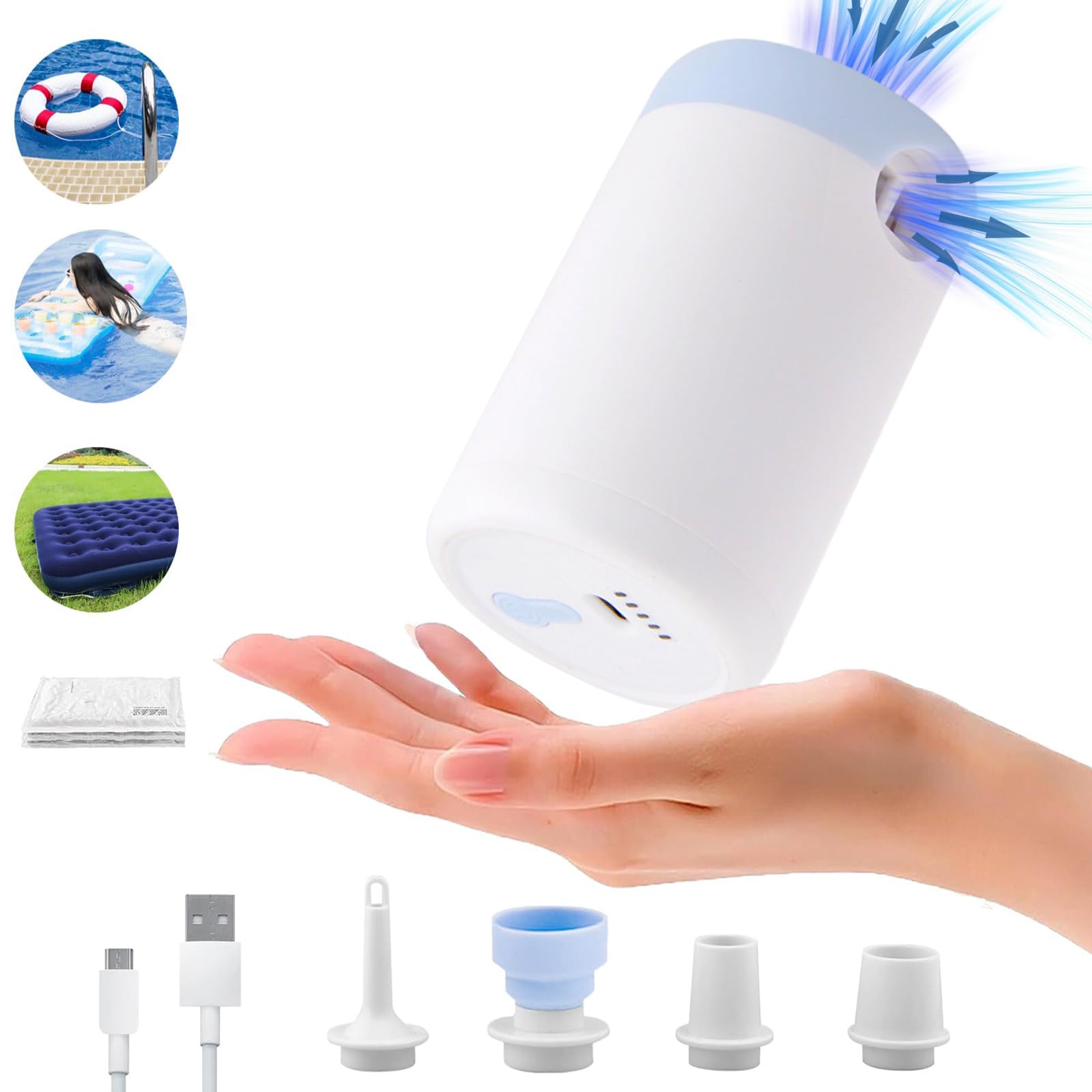 Electric Pump for Inflatables with 1500mAh USB Rechargeable Battery, Portable Cordless Air Mattress Pump to Inflate Deflate Pool Floats, Sleeping Pads, Swimming Ring, Vacuum Storage Bags