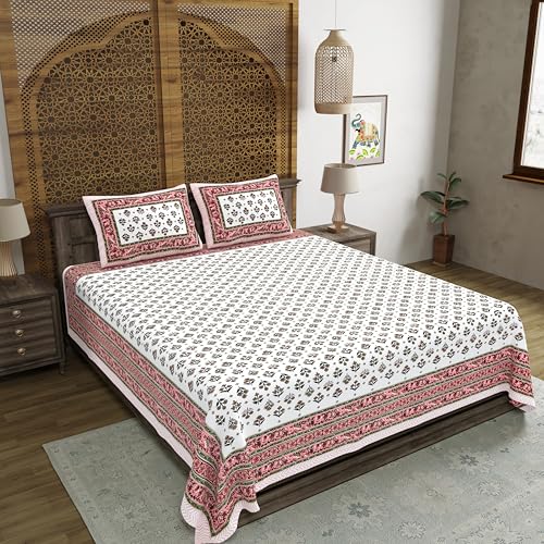 Image of BLOCKS OF INDIA Hand Block Printed 200 TC Cotton King Size Bedsheet (Peach BUTI)