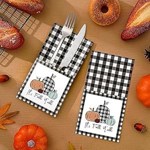 Whaline 36Pcs Fall Thanksgiving Utensil Cutlery Holders Buffalo Plaids Pumpkin Knife Forks Silverware Paper Pouch Bags Autumn Harvest Cutlery Wraps Tableware Holder for Dinner Table Setting Decor Whaline 36Pcs Fall Thanksgiving Utensil Cutlery Holders Buffalo Plaids Pumpkin Knife Forks Silverware Paper Pouch Bags Autumn Harvest Cutlery Wraps Tableware Holder for Dinner Table Setting Decor