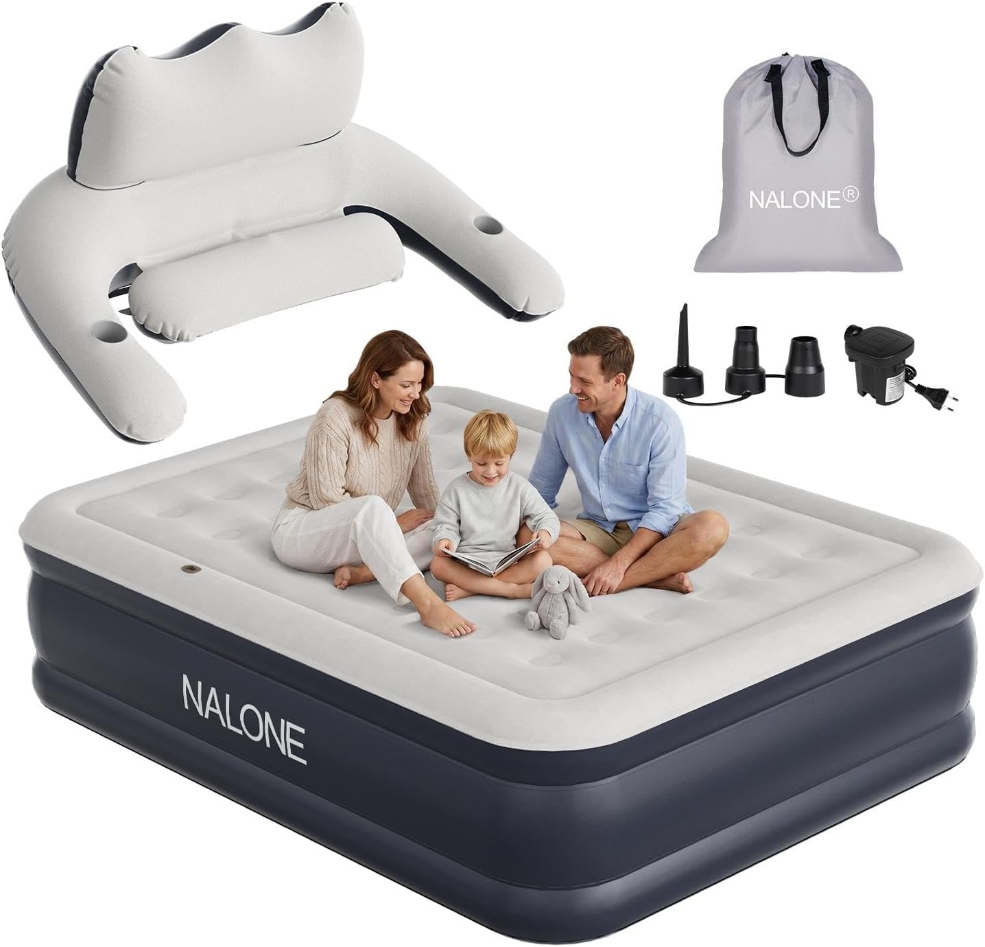 NALONE Inflatable Air Mattress with Fitted Sheet, Double Air Bed with Built in Pump, 203x152x45cm Blow Up Mattress in 3 Mins Inflation/Deflation,Inflatable Bed for Home&Camping (Queen (U.K. Standard))