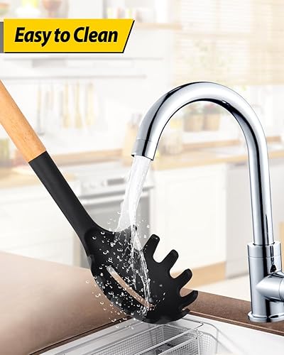 Miniatura 5 de Juego de tenedor y cucharón de silicona para pasta con mango de madera, utensilios de cocina antiadherentes resistentes al calor para cocinar,