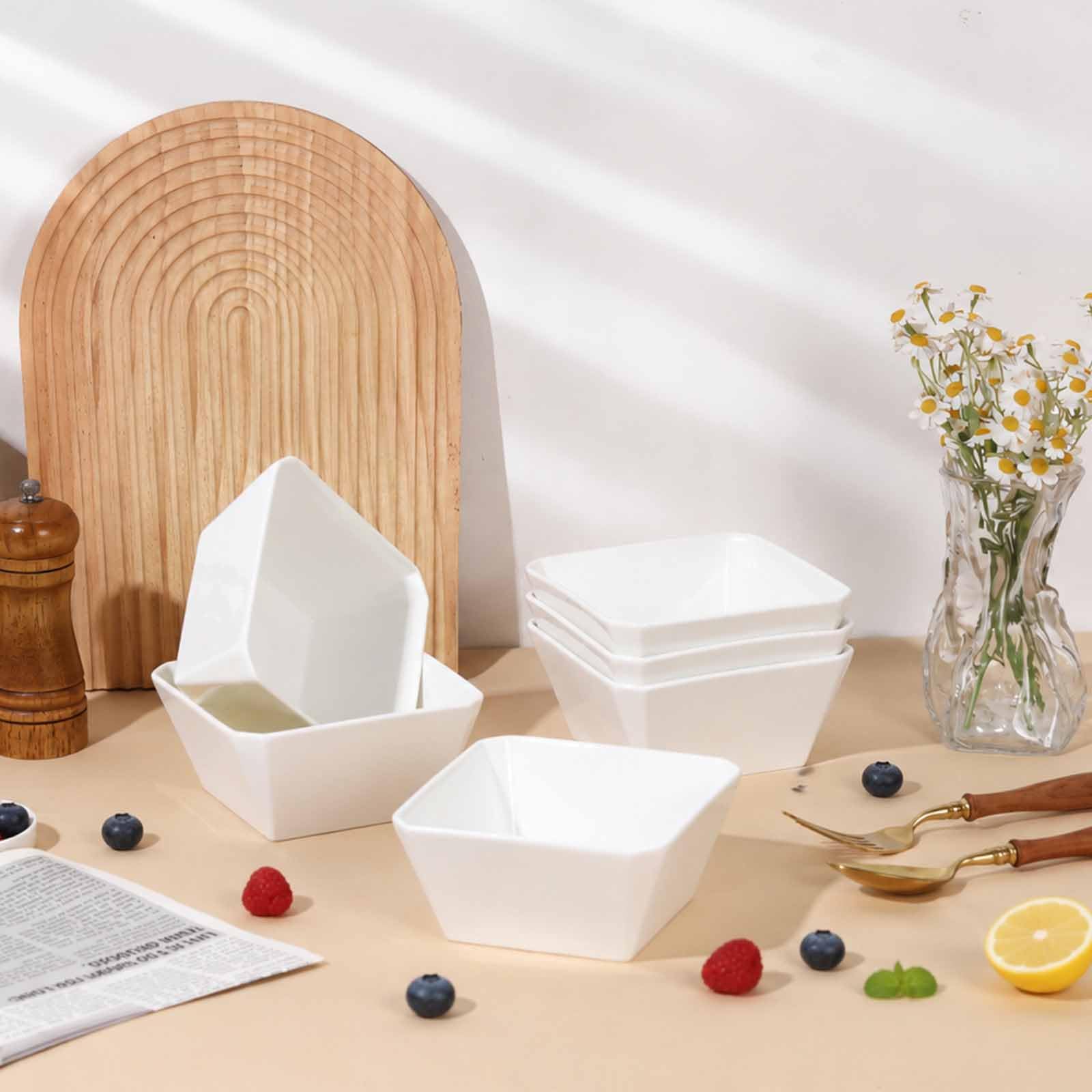Samsle Porcelanowe miski na płatki, 470 ml, zestaw kwadratowych misek do serwowania, 13 cm, białe ceramiczne miski do sałatek, zupy, przekąsek, deserów i marmolady, nadają się do zmywarki i kuchenki