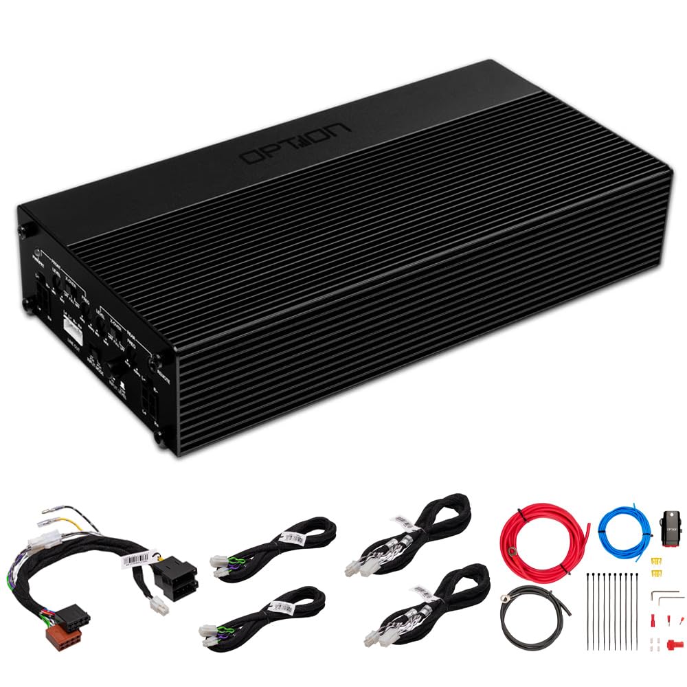 OPTION AIR-D4 4-Kanal Verstärker – Class-D Endstufe mit 4x 100/165 WRMS (2/4 Ohm) - 2x 330 WRMS (4 Ohm) - High Level In - inkl. Remote-Pegelregler - inkl. Plug & Play ISO Anschlusskit