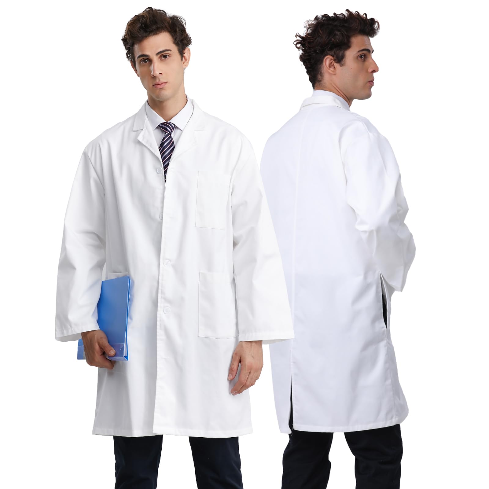 Greenour Professional Lab Coat for Men Long Sleeve Doctor Uniform with 3 Pockets Laboratory Jacket White