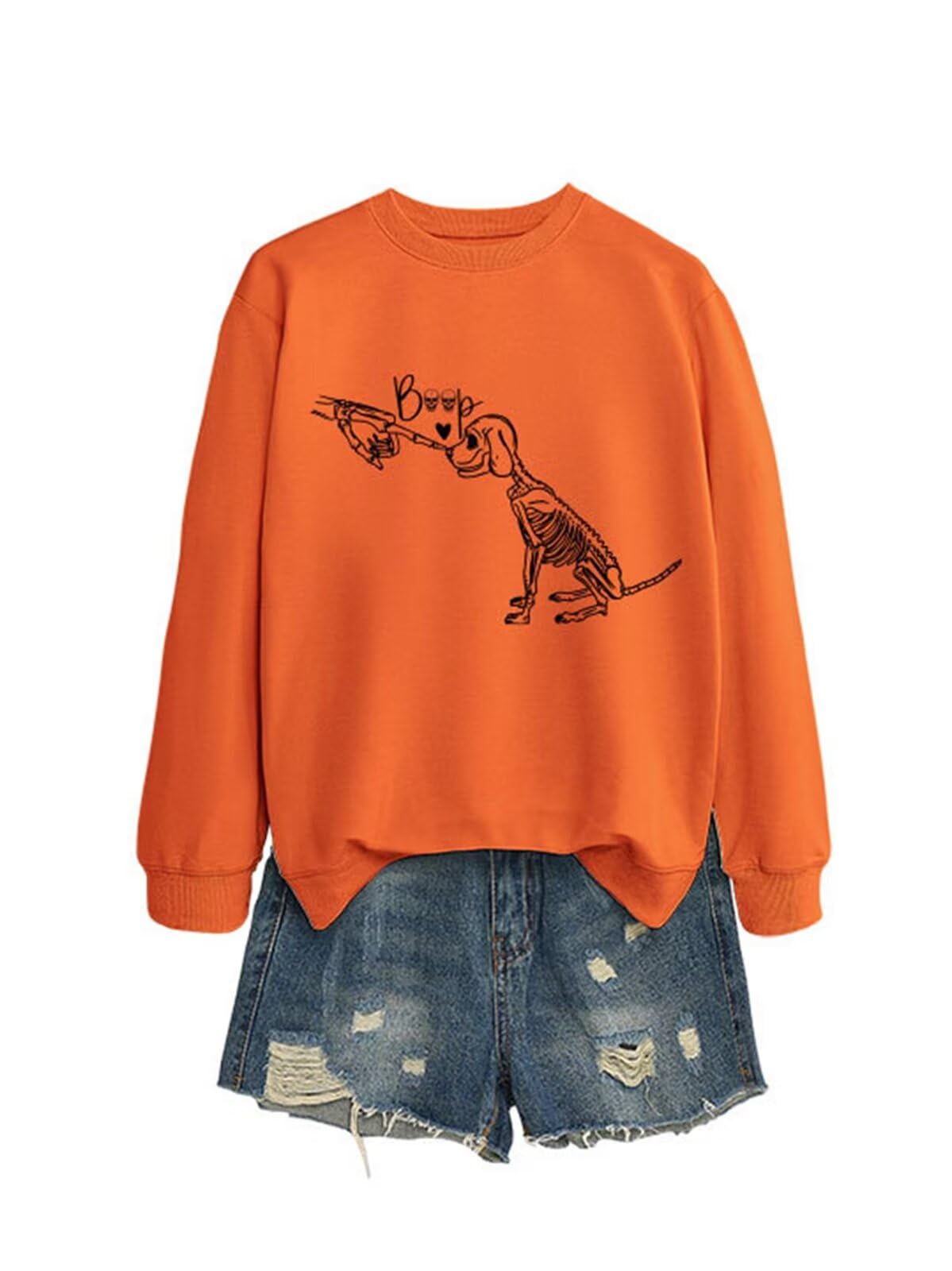 Cute Skeleton Dog Sweatshirt Women Funny Skull Graphic Halloween Thrilling Crewneck Casual Long Sleeve Pullover