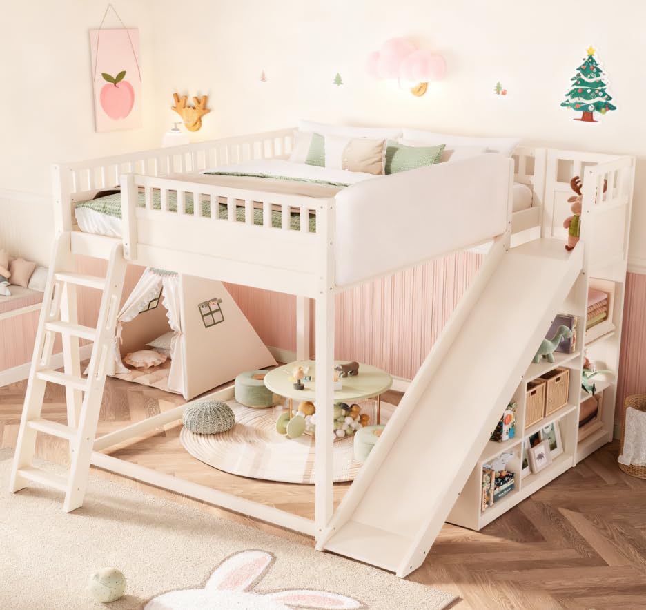 Image of Bellemave Bunk beds Queen Over Queen with Slide and Stair and upholstered Board, Low bunk /loft Bed for Kids,Beige