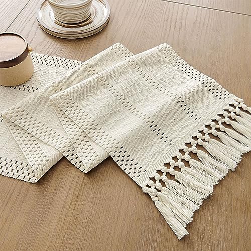 Image of ZeeMart Macrame Style Boho Table Runner, Ivory Table Runners 72 Inches Long, Farmhouse Woven Home Decor, 12x72 Inch, Ivory