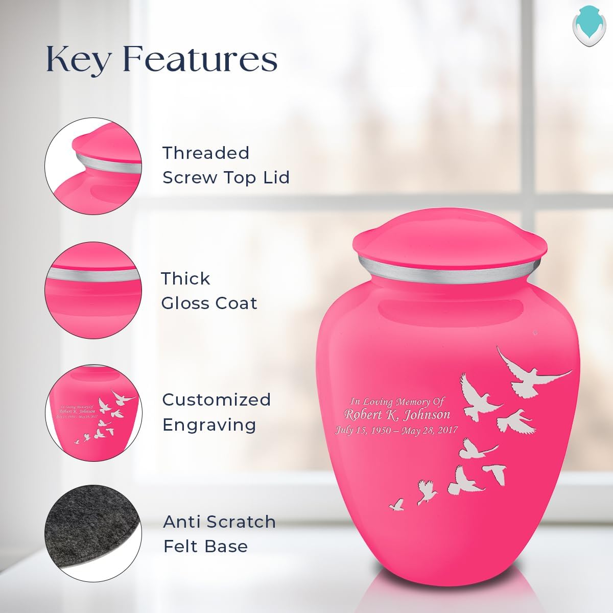 Geturns Embrace Adult Personalized Doves Cremation Urns for Human Ashes I Large Bright Pink Funeral Urn for Men and Women I 200 lbs