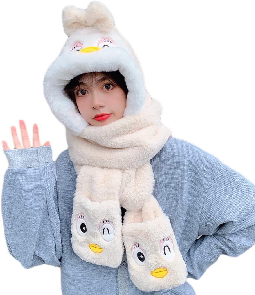 Scarf,Fashion Hat 3 in 1 Furry Hat Scarf Gloves Hooded Scarf with Mittens Headband Cap for Women Teen Girls Gifts Scarf(Beige)