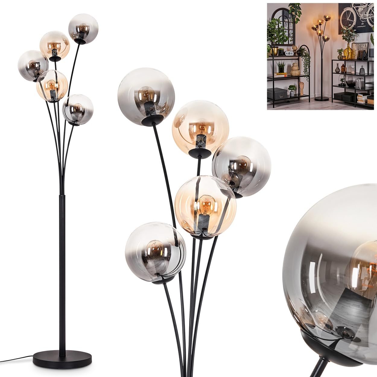 Stehleuchte Gastor, Stehlampe aus Metall/Glas in Schwarz/Bernstein/Rauch/Klar, Leuchte im Retro/Vintage-Design mit Schirmen aus Glas (Ø 15 cm) u. Fußschalter, Höhe 169 cm, 5 x E14, ohne Leuchtmittel