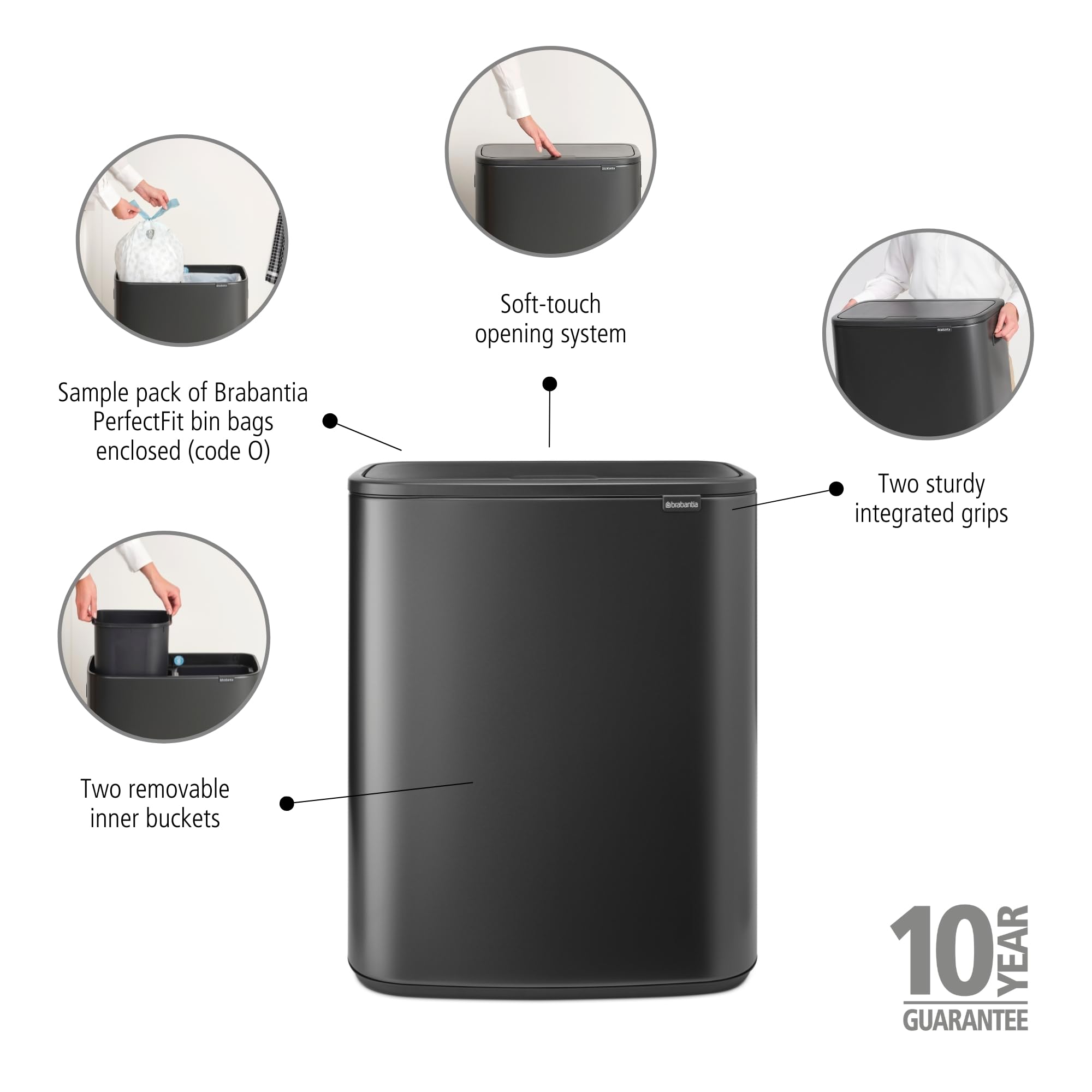 Brabantia Bo Touch Bin 2x30L - Pattumiera doppio scomparto extra large | Separazione dei rifiuti Soft Touch con secchi interni | Cestino salvaspazio per la cucina o l'ufficio | Confident Grey