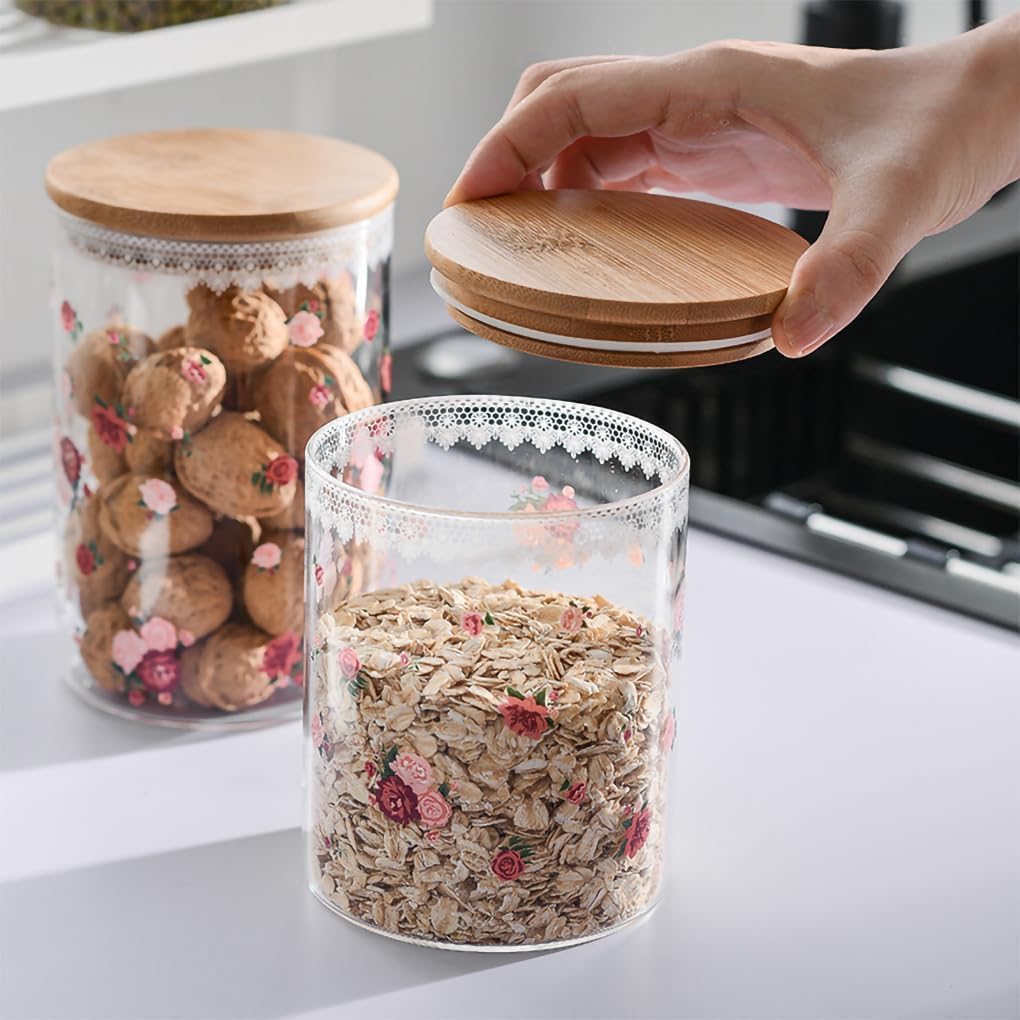 Pojemnik na cukier, Szczelny szklany pojemnik na herbatę z bambusową pokrywką Zbiornik na żywność na kawę, zioła i cukier(Rose,18 OZ)
