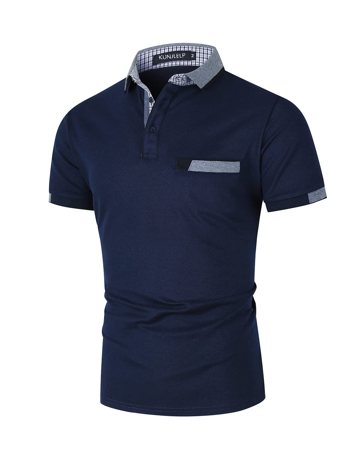 KUNJLELP Polo da Uomo con Tasca T Shirt Manica Corta M-3XL Chic Colletto a Quadri Maglietta Uniformi