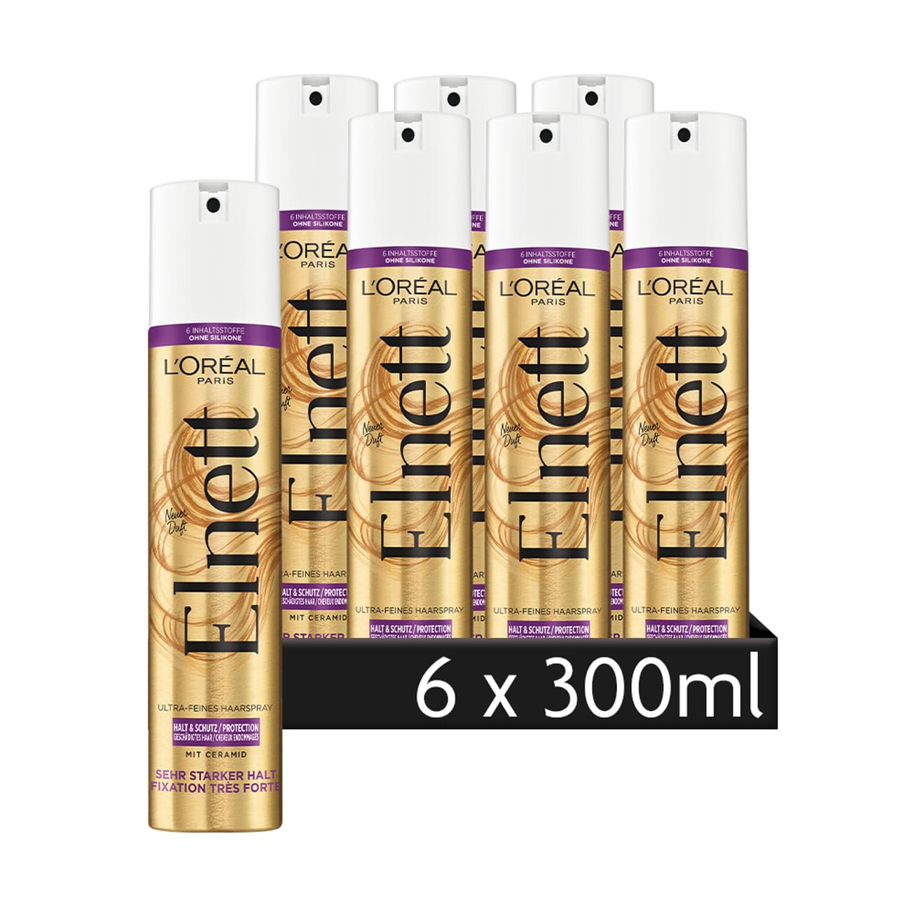 L'Oréal Paris Elnett Ultra-Feines Haarspray Halt & Schutz, Styling Spray mit Ceramide, Zum Stylen und Fixieren der Frisur, Sehr starker Halt, Ohne Silikone, 6 x 300ml