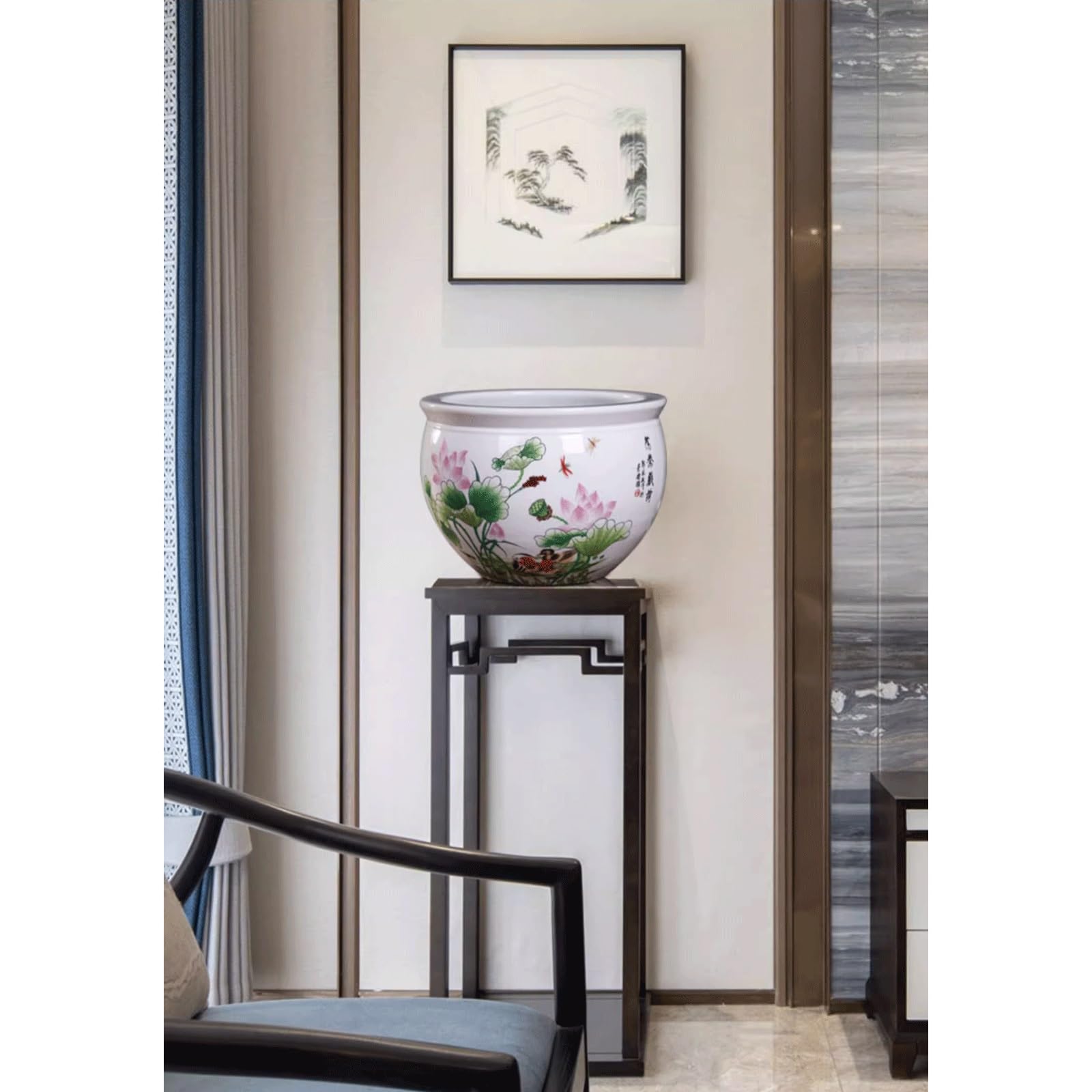 Doniczka Doniczka ceramiczna Jingdezhen Chinoiserie z porcelany, doniczka na sukulenty, bez otworu drenażowego, hydroponiczna doniczka na lilię wodną ze stojakiem do dekoracji Balkonowego(S)