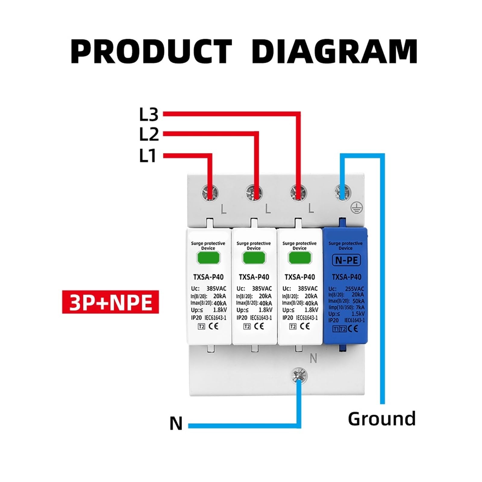 Protector contra sobretensiones y pararrayos Pararrayos CA SPD 3P+NPE 40KA 50KA T1 T2 385V 275V 255V Dispositivo de protección contra sobretensiones for el hogar(385V)