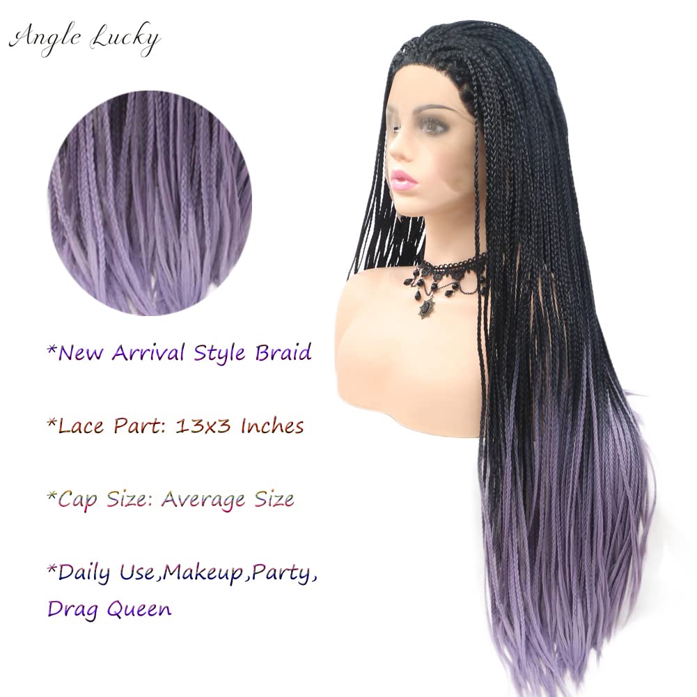 Kalisa Angel Lucky Black Purple Braids Wig Long Synthetic Black Omber Purple Micro Braided Lace Front Wig Heat Resistance Fiber Afro Braids for Women 26 Inch
