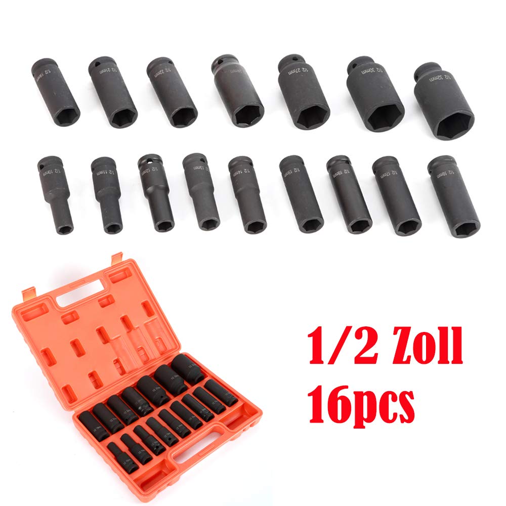 Set di 16 dadi a percussione 1/2", 10-32 mm, acciaio al cromo vanadio per avvitatore a percussione, dadi esagonali robusti con rivestimento fosfato