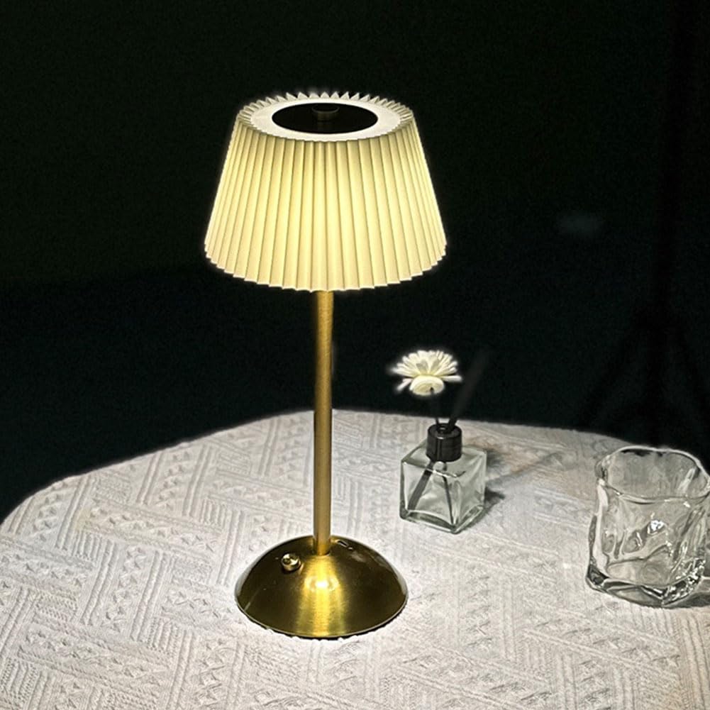 BomKra Pleated Cordless Table Lamp, Rechargeable Metal LED Desk Lamp 3 Color Stepless Dimming, Touch Control Bedside Lamps for Bedroom Living Room Restaurant Outdoor Camping (Beige)