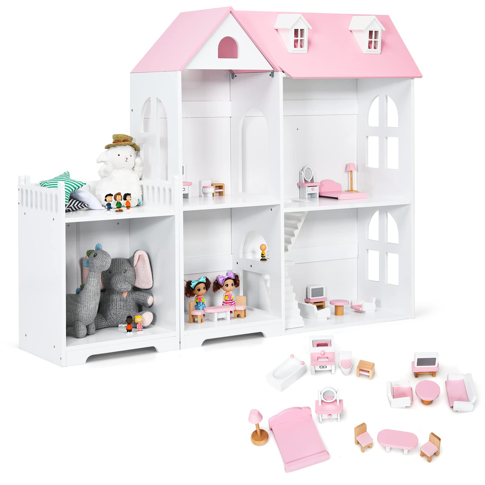 COSTWAY Large Wooden Dolls House, 2 in 1 Kids Bookcase Dollhouse with Furniture and Accessories, 2 Storey Pretend Play Set for Girls Boys (Pink)