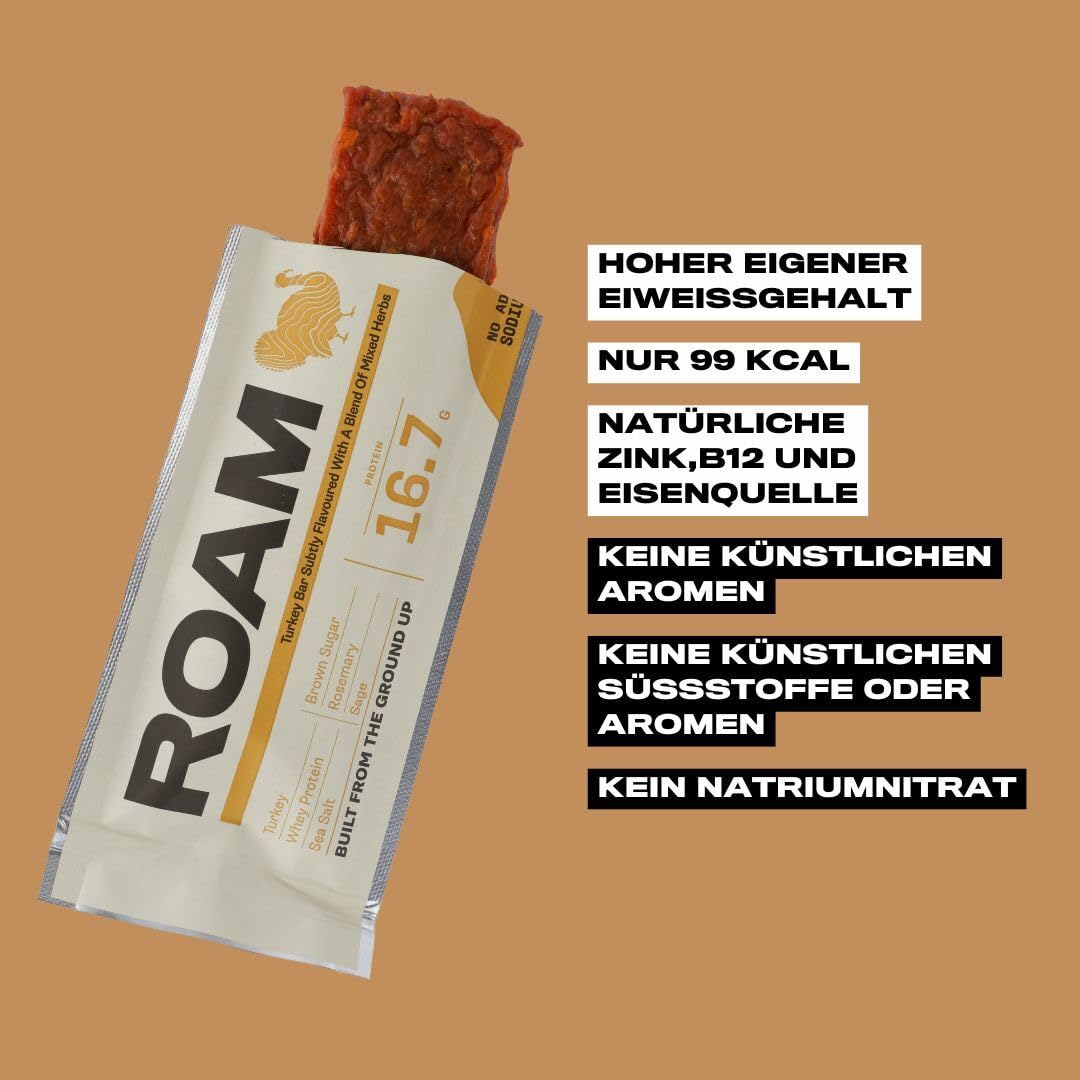 Roam Natürliche Protein Riegel, 12x45 Gramm FleischSnacks, ideal für die Carnivore-Diät, glutenfreie Trockenfleisch (Zitronen- und Kräuter-Putenfleisch aus Freilandhaltung, 12x45 Riegel)
