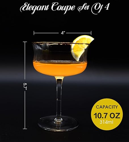 Miniatura 2 de Coupe - Juego de 4 vasos de Martini Art Deco vintage de 10 onzas, copas de cóctel de cupé sopladas a mano, cristal sin plomo, borde dorado, copas de