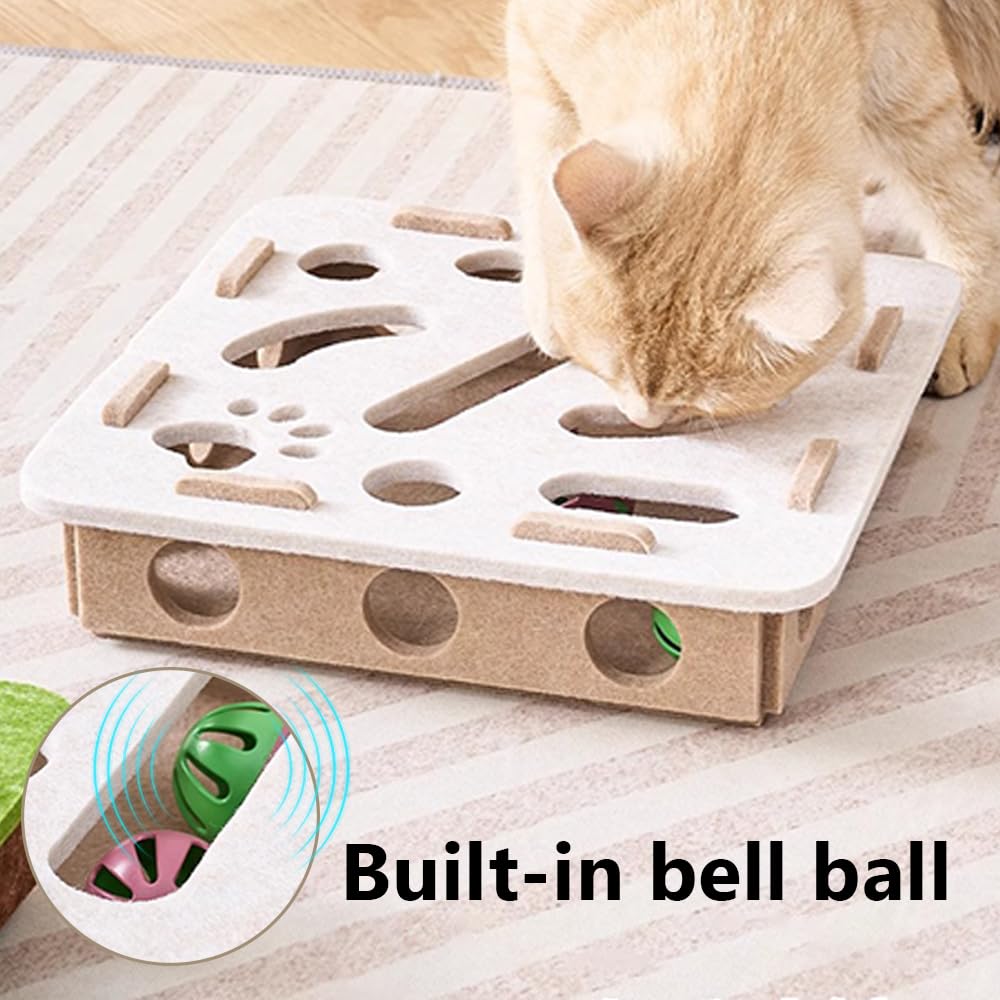 Giocattolo Puzzle per Gatti, Labirinto Gioco Interattivo per Gatti in Feltro Morbido con 2 Palline a Forma di Campana, Scatola Giocattoli Interattivi per Gatto Esplorazione, Stimola la Curiosità