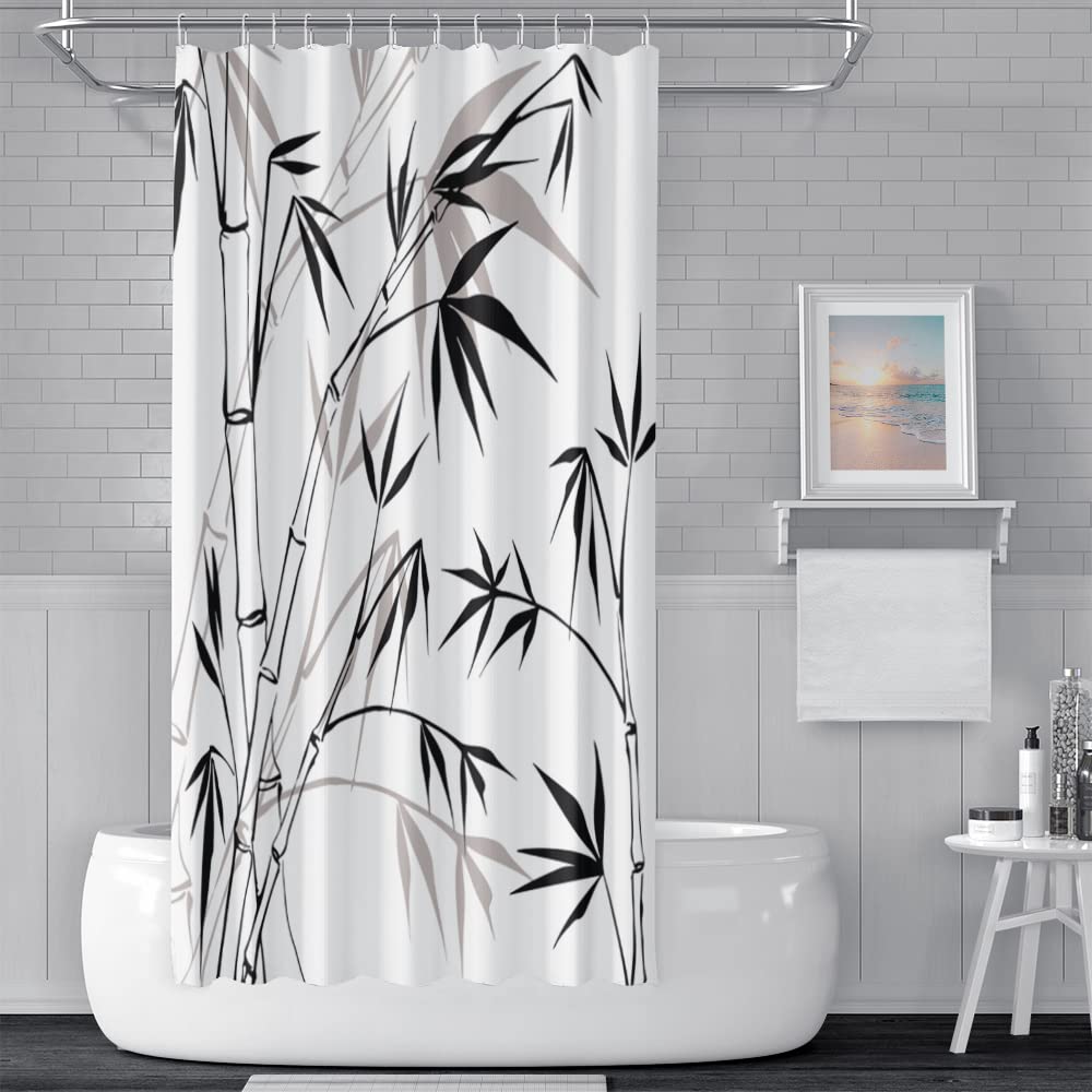 SDOTPMT 122x183cm Bamboo Silhouette Shower Curtain Bamboo Leaves Sketch White Bath Curtain Classic Ink Painting Bathtub Curtain for Kids Bathroom Decor Fabric Polyester Waterproof with Hooks - Image 2