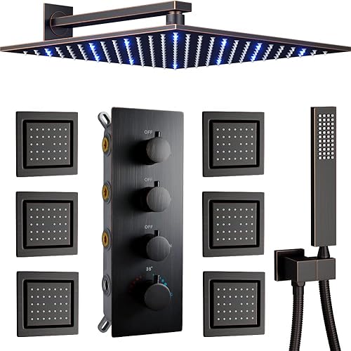 AYIVG Sistema de cabezal de ducha múltiple de montaje en pared, sistema de rociado de cuerpo de ducha de baño de bronce aceitado con LED de 12