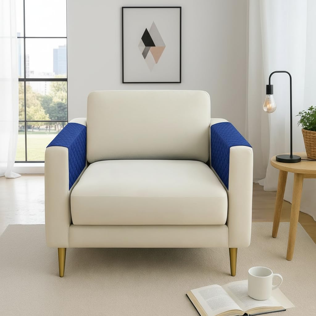 STITCHNEST Velvet Quilted Sofa Armrest - Set of 2 | Multi-Layered Fabric | 18 X 22 Inche | Color - Blue