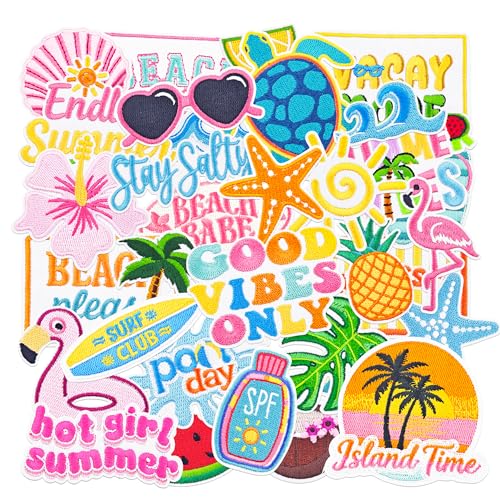 32PCS Summer Beach Iron On Patches for Hats Coastal Preppy Embroidered Applique Patches for Clothes Jackets Jeans Backpacks and Bags