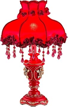 Victorian Red Table Lamp with Fringe & Beaded Fabric Shade European Style Bedside Desk Lamp Romantic Nightstand Lighting Vintage Wedding Gift for Bedroom Living Room
