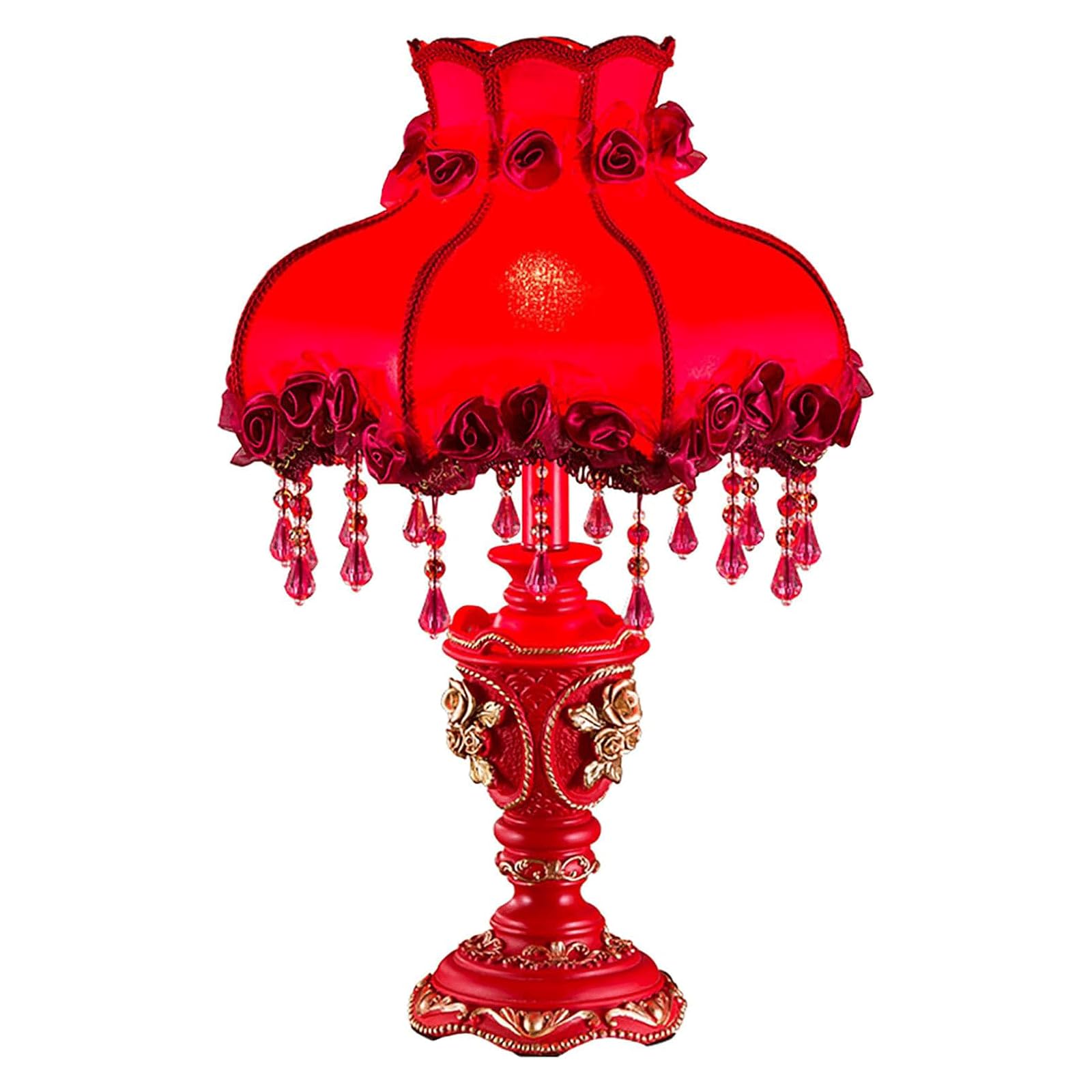 Victorian Red Table Lamp with Beaded Fringe Shade - European Style Bedside Lighting Romantic Vintage Desk Lamp for Bedroom & Living Room