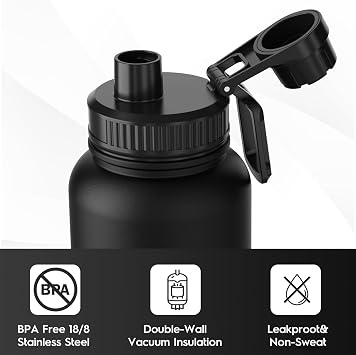 Navigate 40 oz Insulated Stainless Steel Sports Water Bottle with Spout & Handle Lids,Wide Mouth Water Jug with Double Walled Leak Proof Keep Cold for 24 Hrs Hot for 12 Hrs,Black
