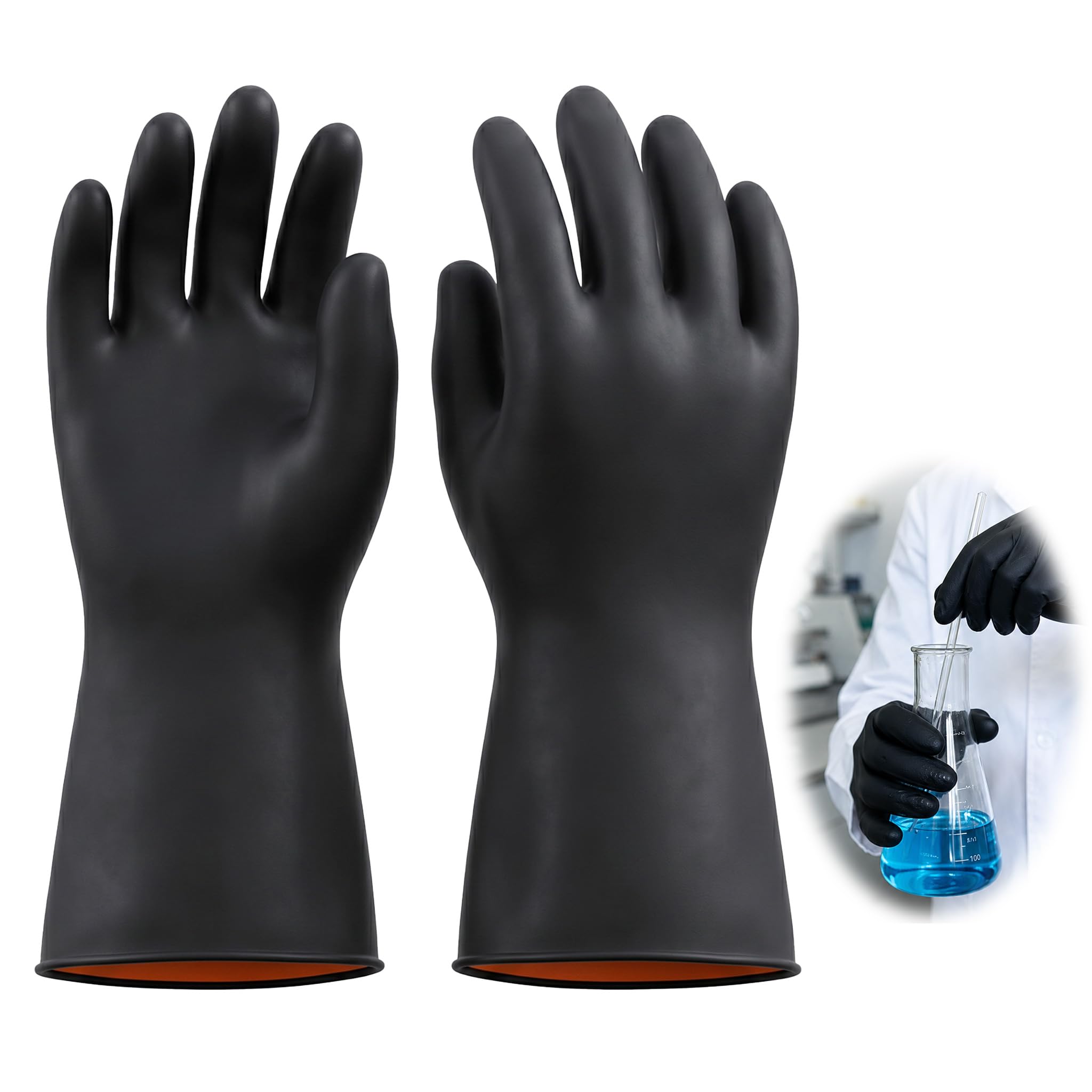14" Long XL Heavy Duty Rubber Gloves, Reusable Chemical Resistant Glove